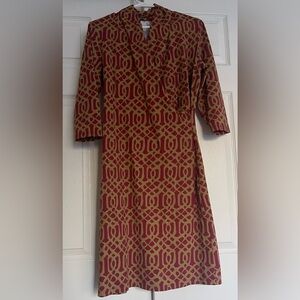 Geometric Print Long Sleeve Shift Dress - Red & Tan